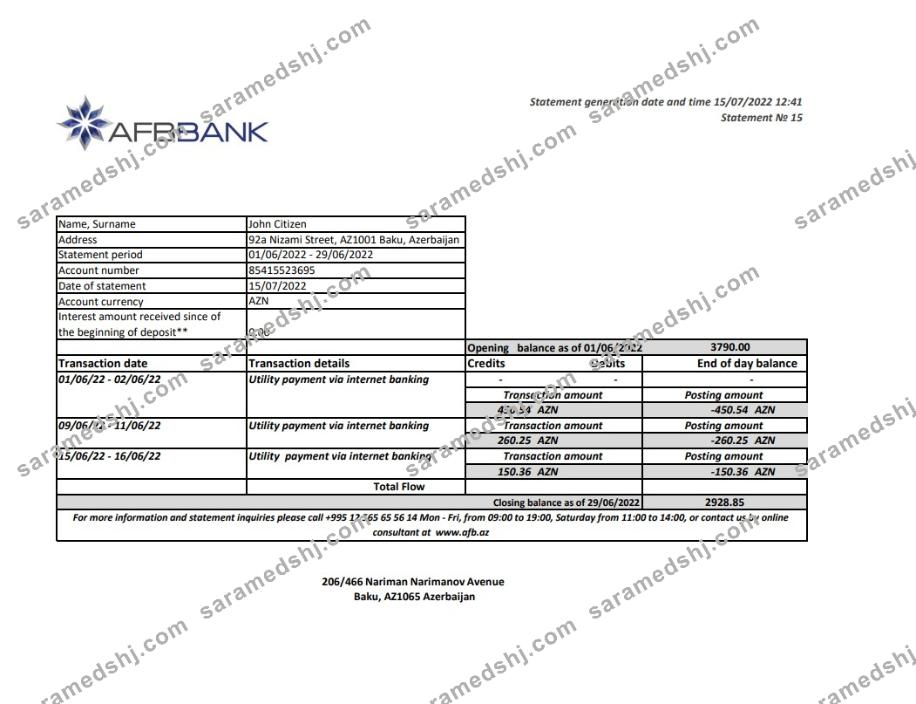 Azerbaijan Afbbank bank statement template in Excel and PDF format